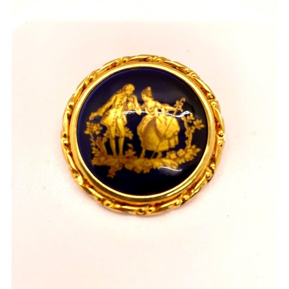 Vintage Limoges "The Proposal" Brooch – Cobalt Blue & Gold Courting Couple Pin - Picture 1 of 4